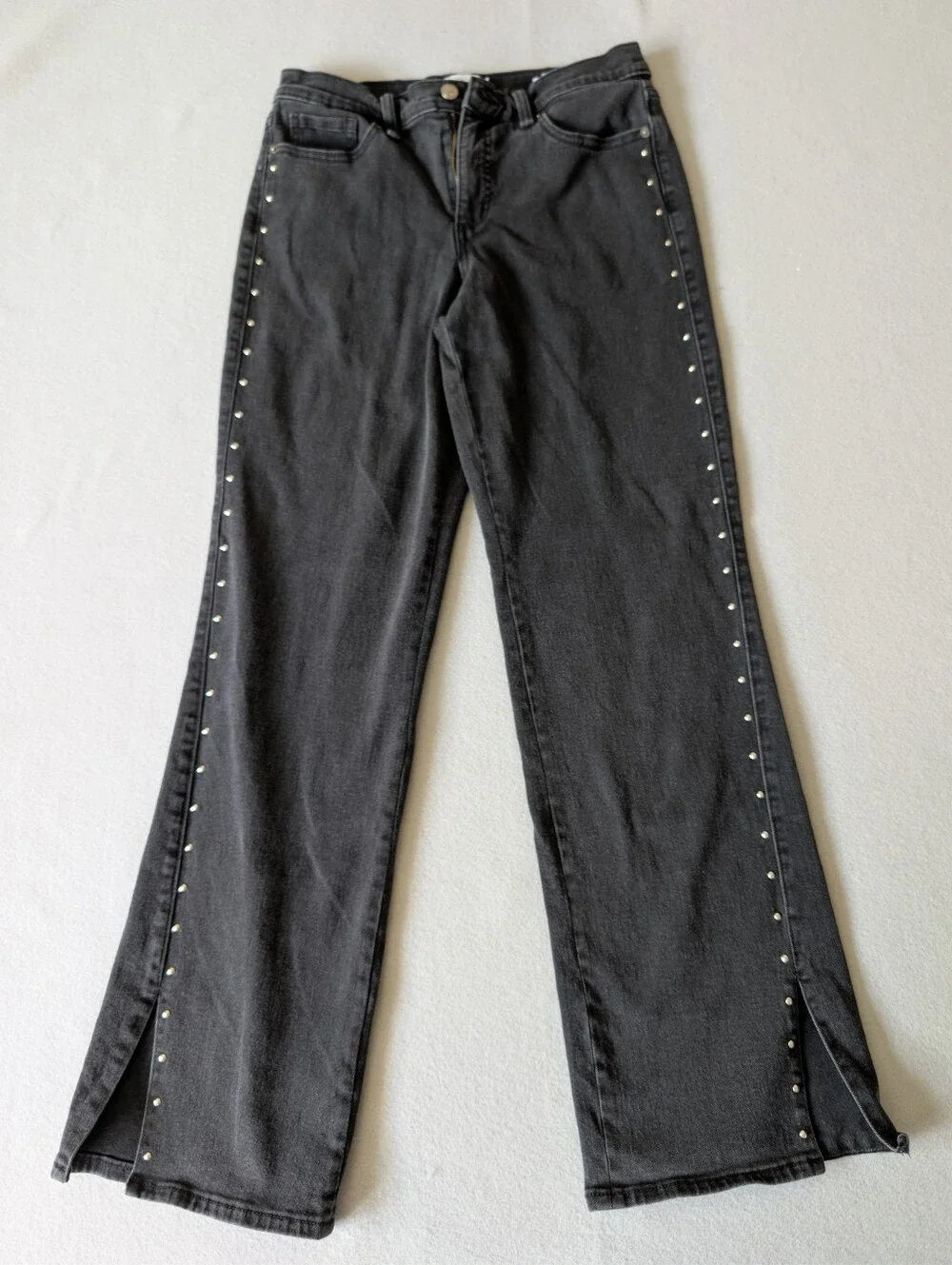 Women's Studded Split Hem Relaxed Straight Black Denim High Rise Jeans Sz 4